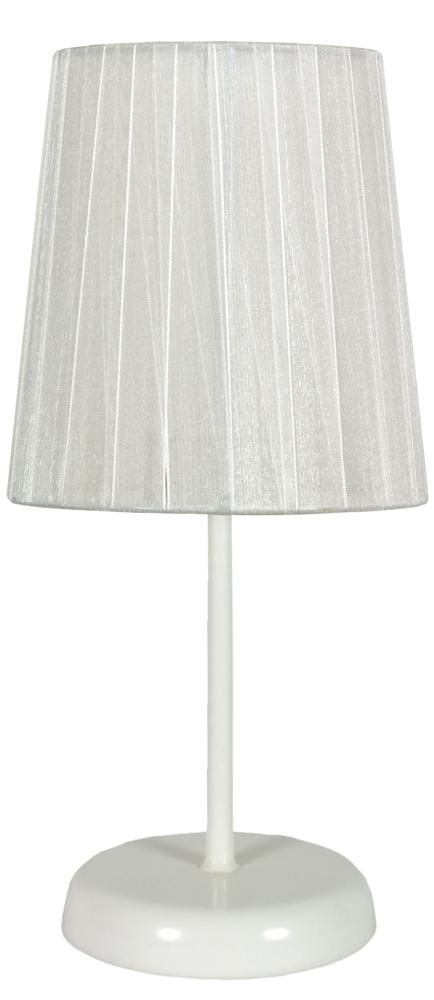 Lampe à poser blanche vue de face, abat-jour en tissu rayé et socle rond blanc