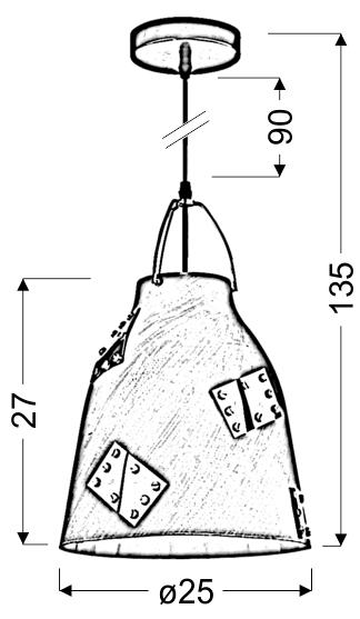 Schéma coté de la suspension : hauteur totale 135 cm, abat-jour Ø25 cm, hauteur 27 cm.