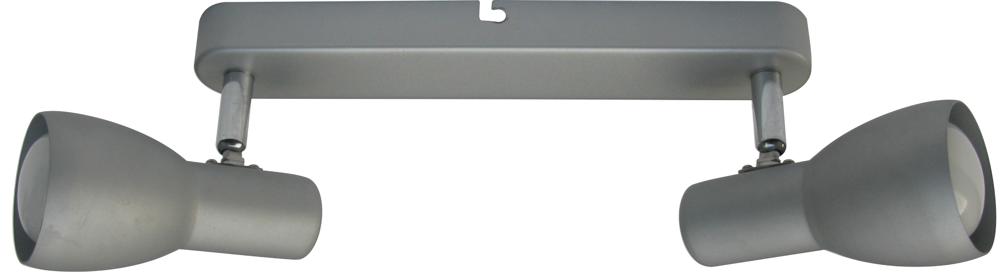 Plafonnier gris et argenté à deux projecteurs orientables montés sur une barre rectangulaire