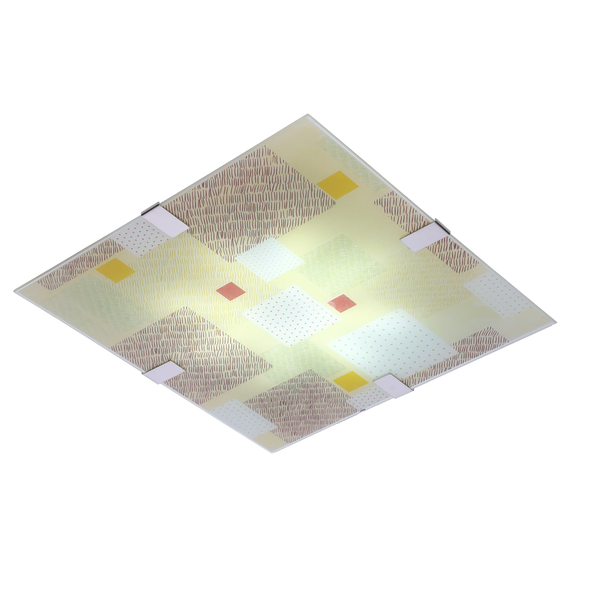 Vue rapprochée du diffuseur de verre, allumé, avec ses motifs graphiques répétés