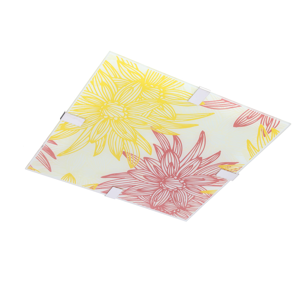 Vue en perspective du plafonnier carré en verre, motif floral jaune et rose.