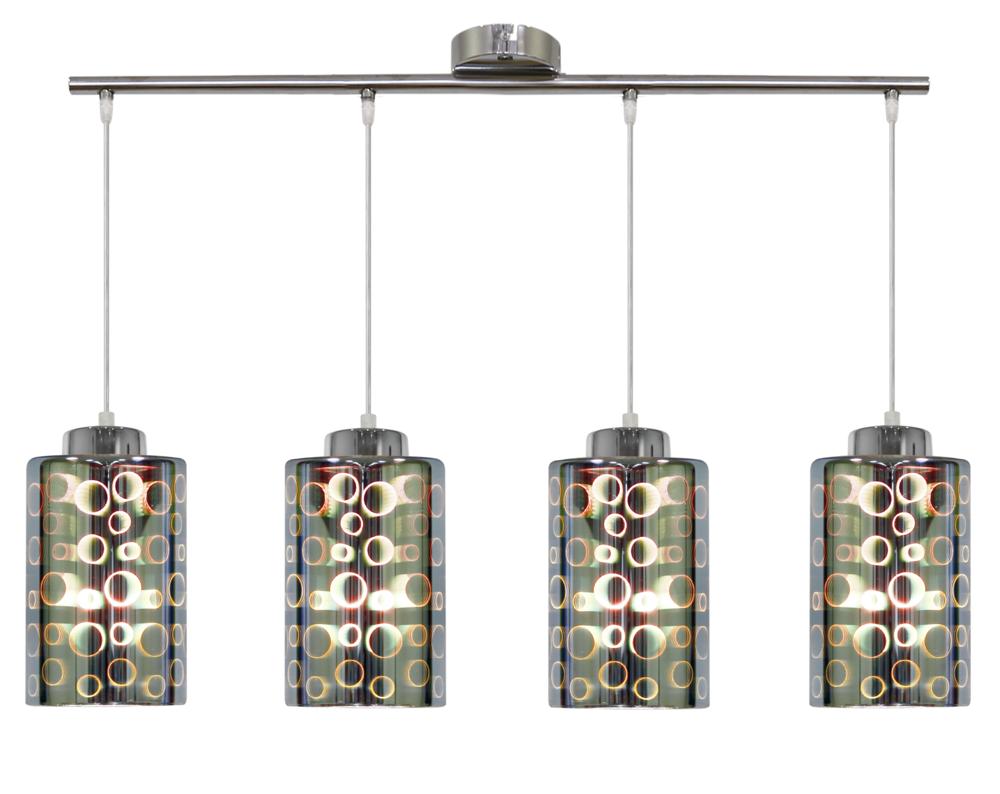 Vue de face du luminaire : quatre suspensions cylindriques en verre ornées de cercles dorés sur barre chromée