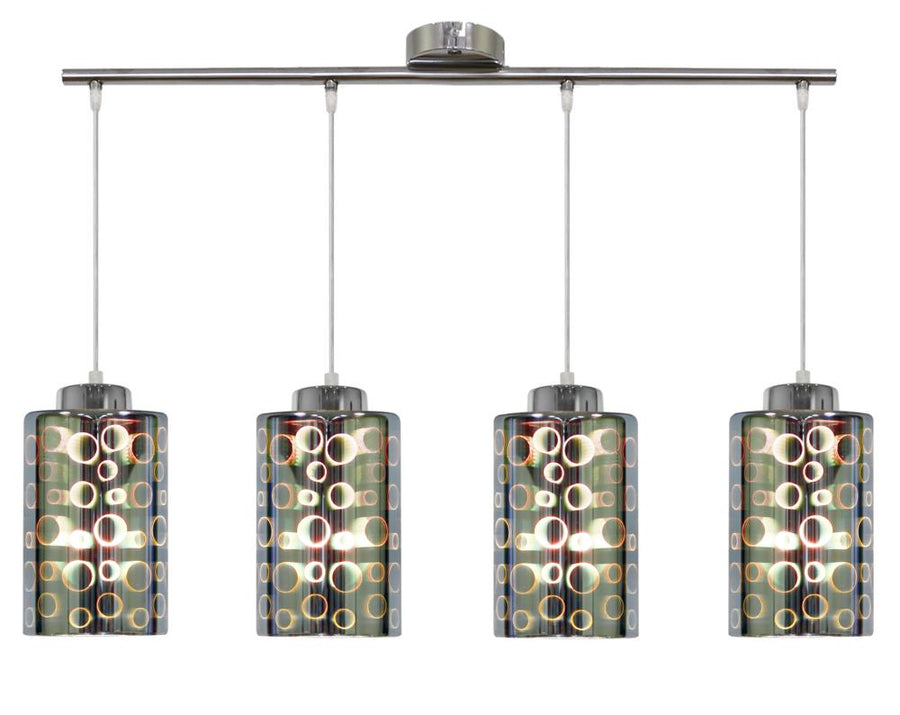 Vue de face du luminaire : quatre suspensions cylindriques en verre ornées de cercles dorés sur barre chromée