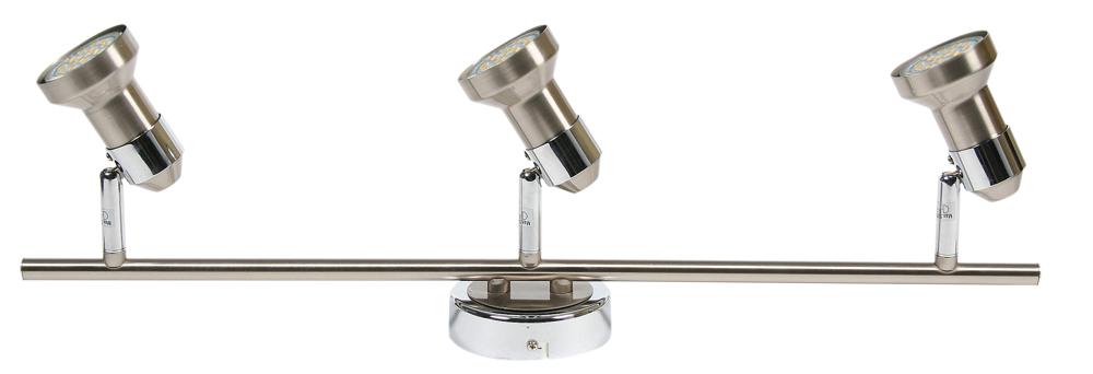 Vue de face du plafonnier trois spots orientables en nickel satiné et chrome