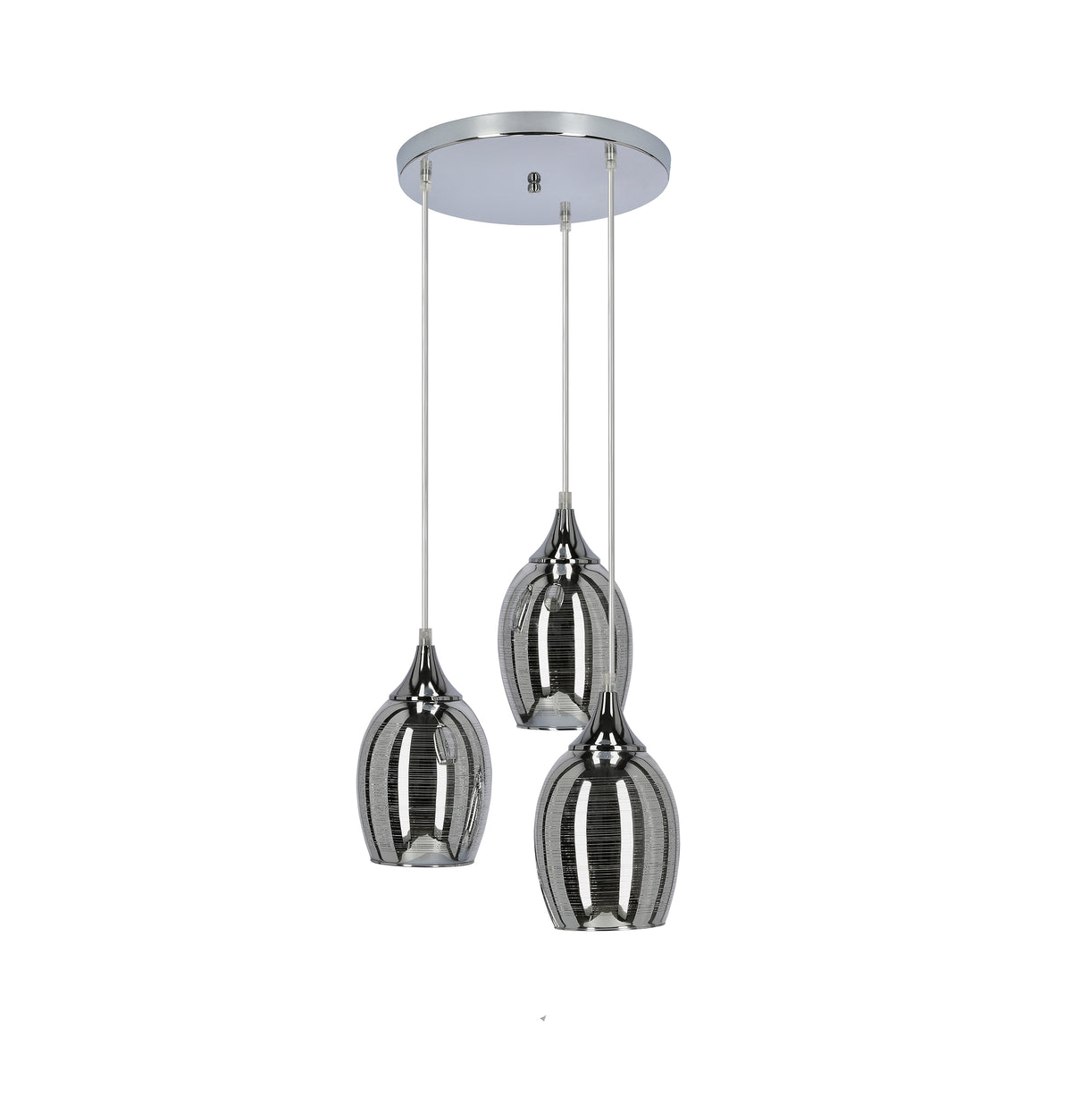 Suspension trois lumières avec abat-jours en verre fumé sous un pavillon chromé rond