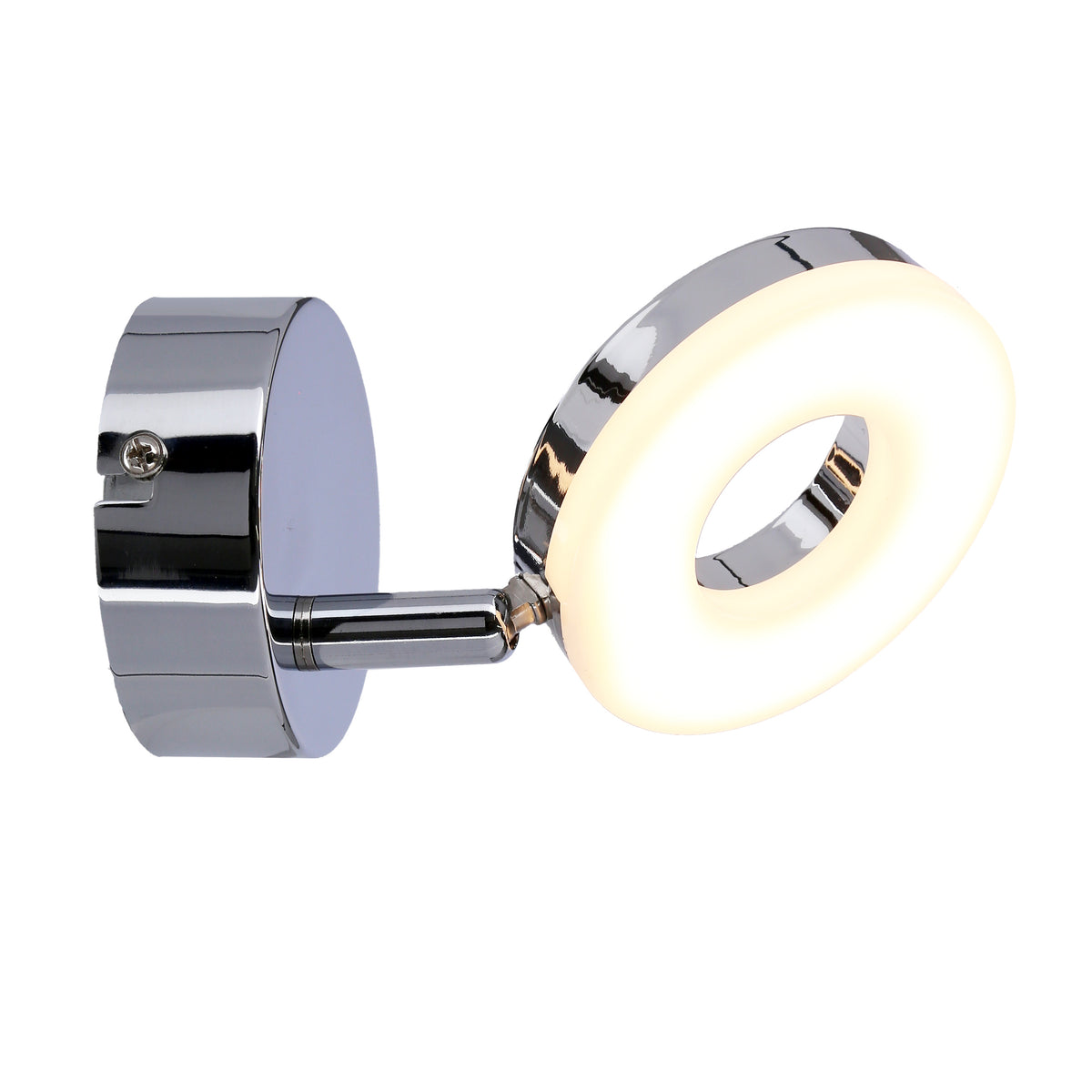 Même applique allumée de profil, halo blanc chaud diffusé par l'anneau
