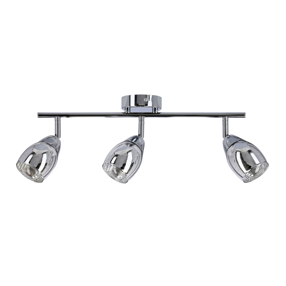 Plafonnier seul sur fond blanc, trois projecteurs orientables en verre transparent