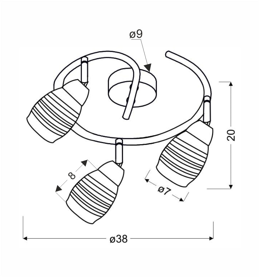Schéma coté du plafonnier : diamètre 38 cm et hauteur totale 20 cm.