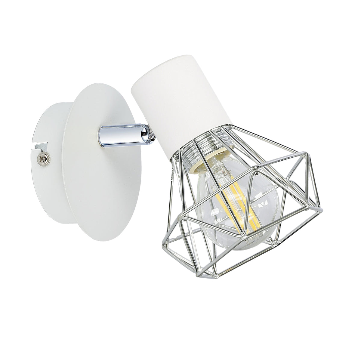 Vue de face de l'applique murale orientable, cage chromée et douille blanche
