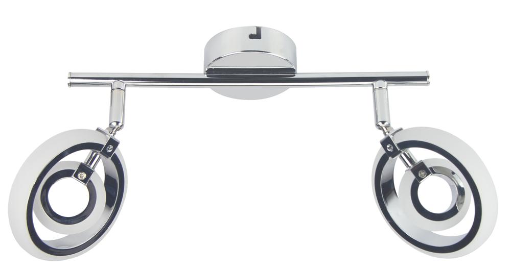 Plafonnier chromé à deux spots ronds orientables, vue de face sur fond blanc
