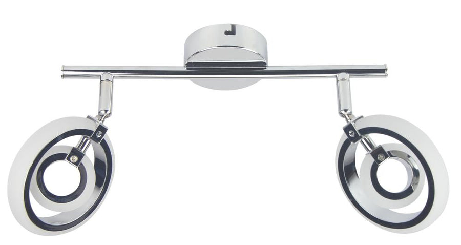 Plafonnier chromé à deux spots ronds orientables, vue de face sur fond blanc