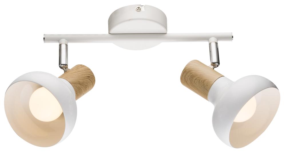 Plafonnier deux spots orientables, corps blanc et inserts imitation bois, vue de face détourée