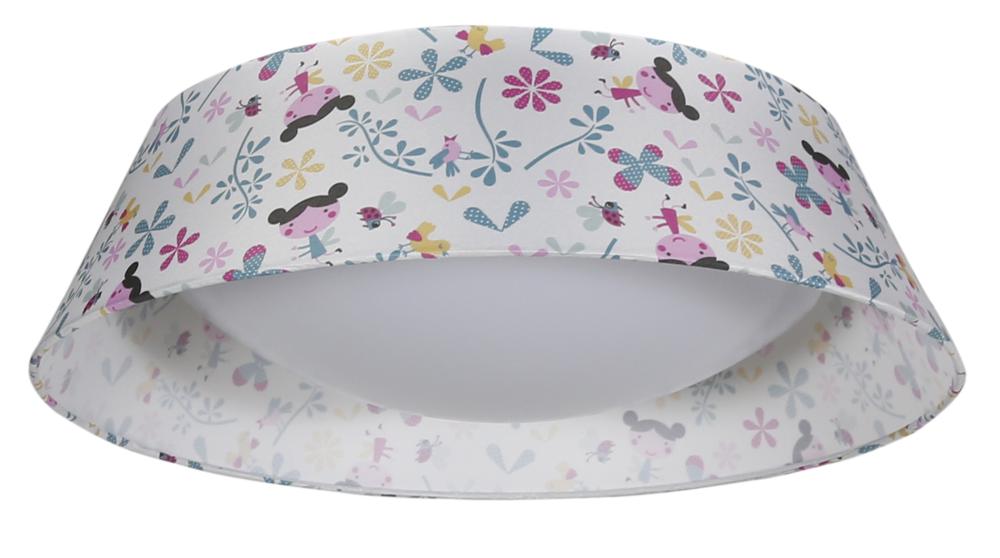 Vue de trois quarts du plafonnier, abat-jour conique en tissu imprimé multicolore, diffuseur blanc