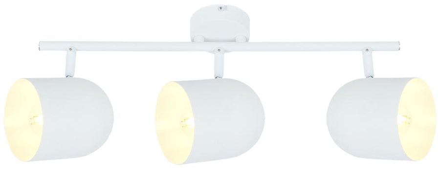 Luminaire blanc à trois projecteurs cylindriques orientables monté sur une barre, vue de face