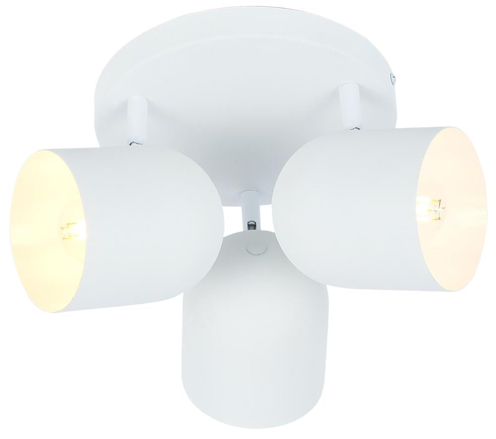 Vue de face du plafonnier blanc à trois spots cylindriques orientables