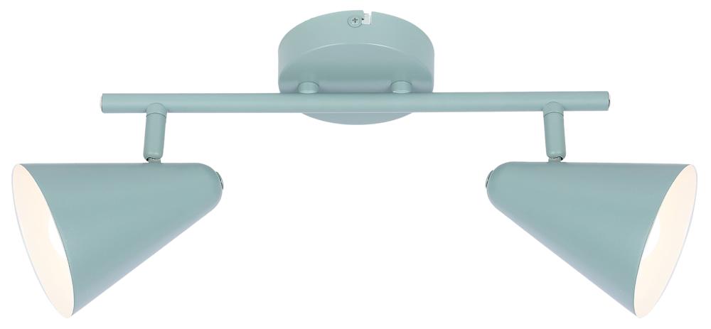 Plafonnier bleu pâle avec deux spots coniques orientables, vue de face sur fond blanc