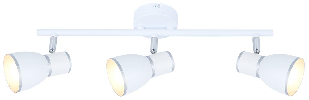 Vue de face du plafonnier blanc à trois spots orientables, lumière allumée sur fond neutre