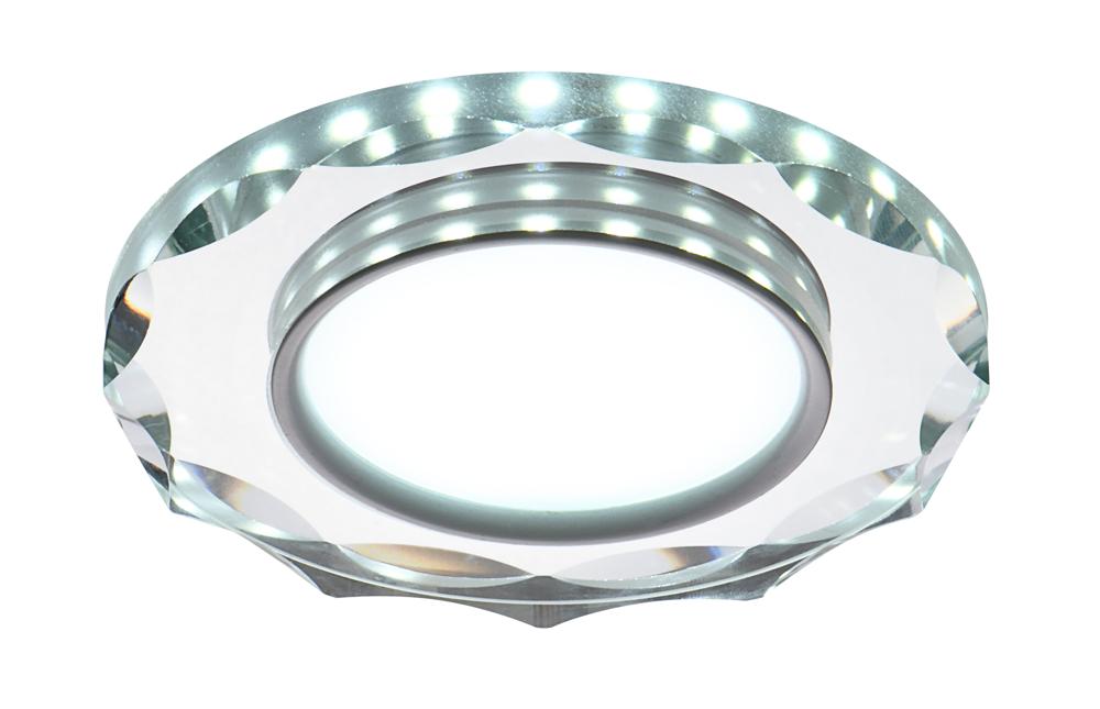 Vue de face du spot LED rond avec anneau transparent facetté et diffuseur blanc central.