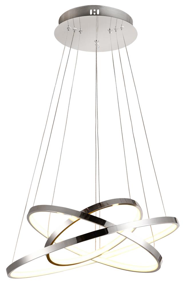 Suspension chromée à trois anneaux entrelacés vue de face sur fond blanc avec plaque de plafond