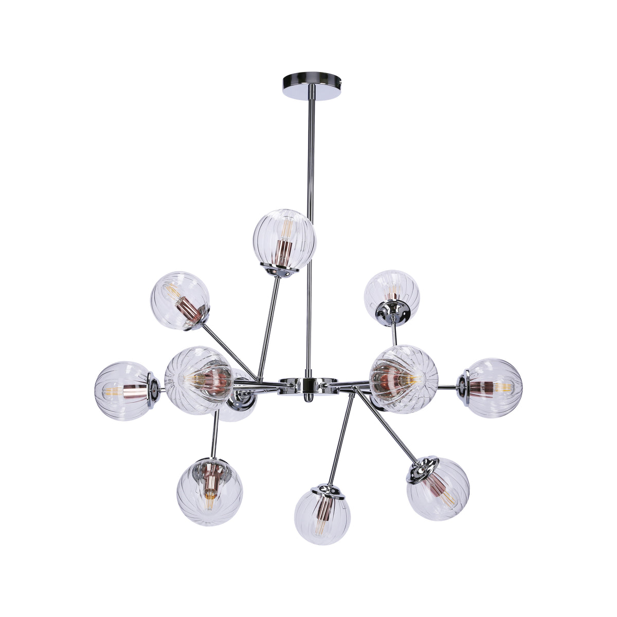 Vue de face du luminaire sur fond blanc, montrant les douze globes en verre strié