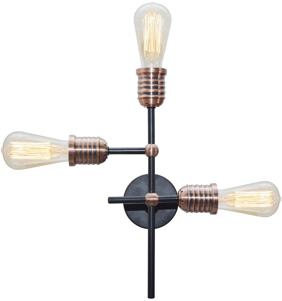 Luminaire vu de face sur fond blanc, trois bras noirs et douilles cuivre