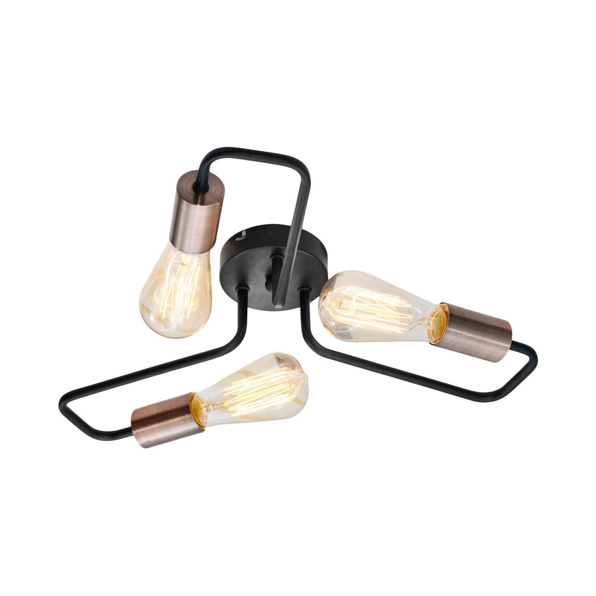 Produit de trois quarts, trois ampoules allumées sur bras métalliques noirs et douilles cuivre