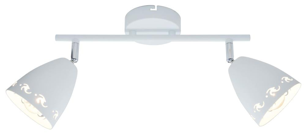 Plafonnier blanc à deux spots orientables, abat-jour côniques ajourés de motifs