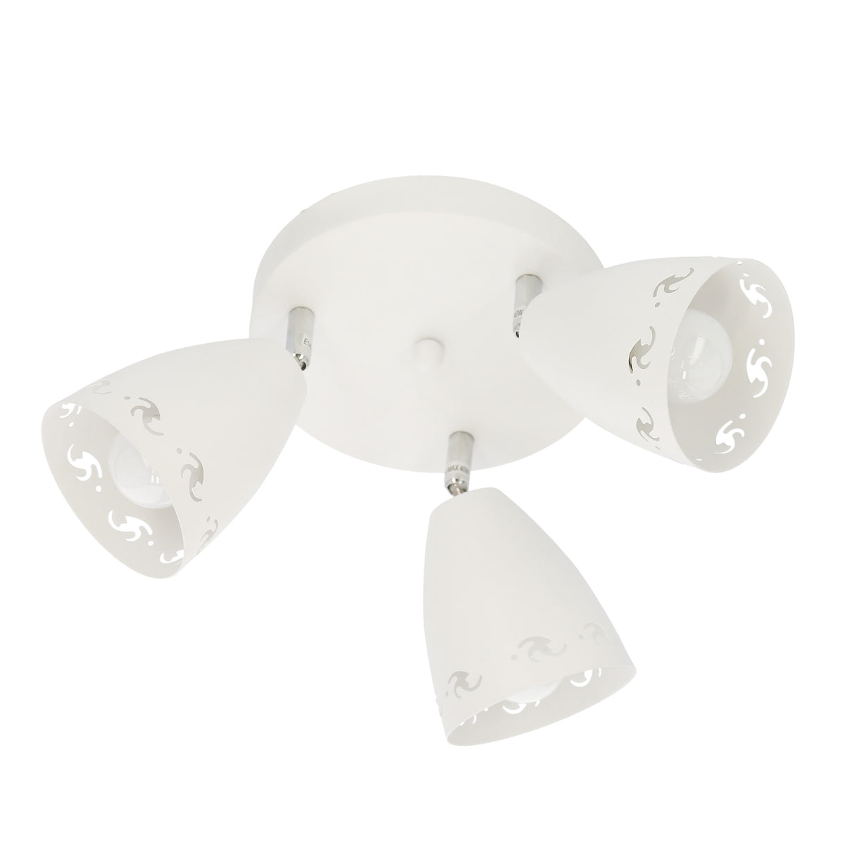 Vue en plongée du plafonnier blanc mat, détails des fixations et des coupelles coniques orientables