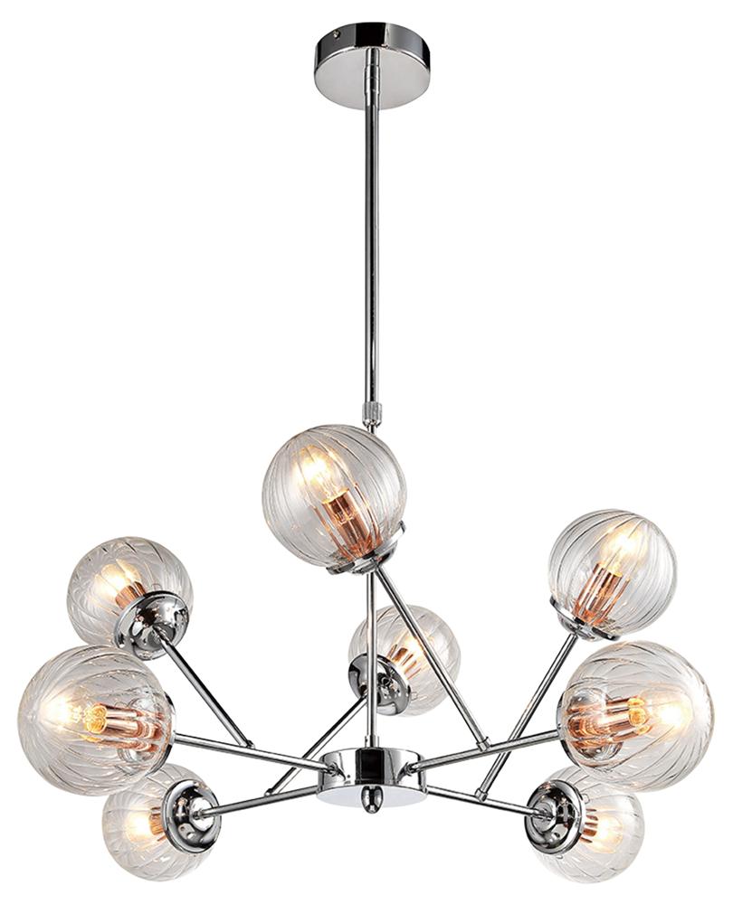 Suspension chromée à huit globes en verre strié, vue de face sur fond blanc.