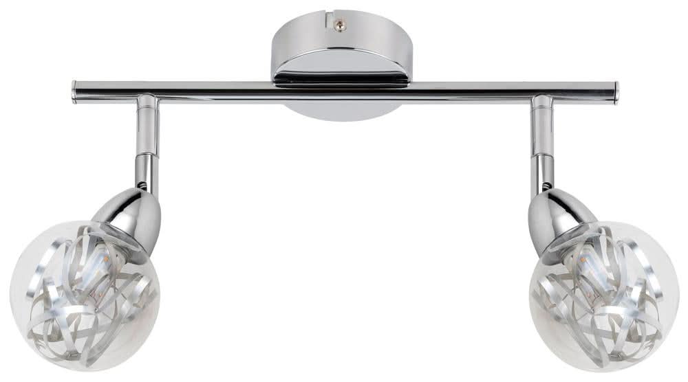 Vue de face du plafonnier chromé avec deux projecteurs orientables et globes en verre transparent