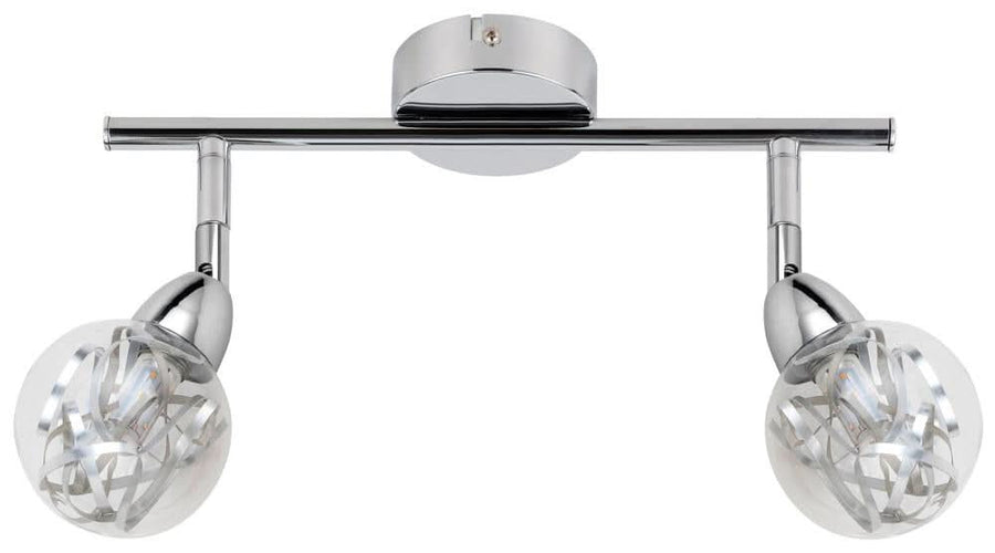 Vue de face du plafonnier chromé avec deux projecteurs orientables et globes en verre transparent