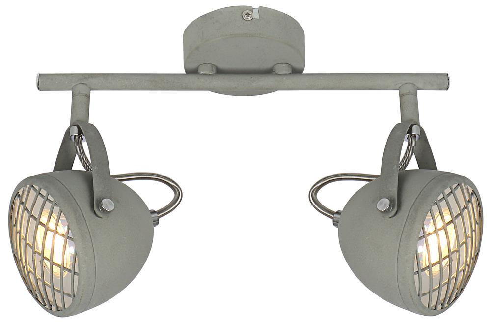 Vue de face du plafonnier gris à deux spots orientables avec grilles métalliques