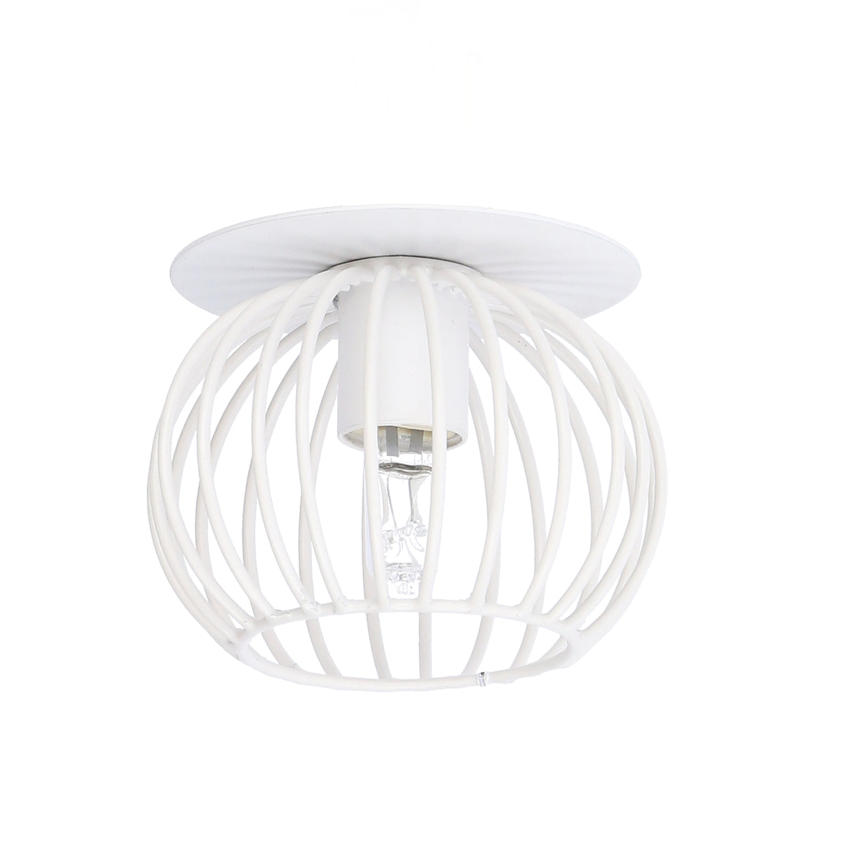 Vue de face du luminaire blanc, ampoule transparente éteinte à l'intérieur de la cage ronde