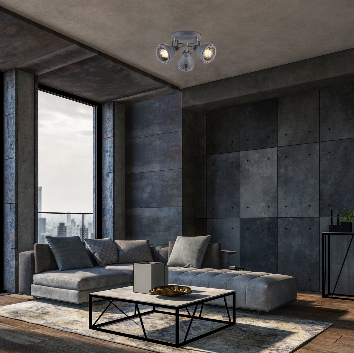 Mise en ambiance du plafonnier gris dans un salon au style industriel