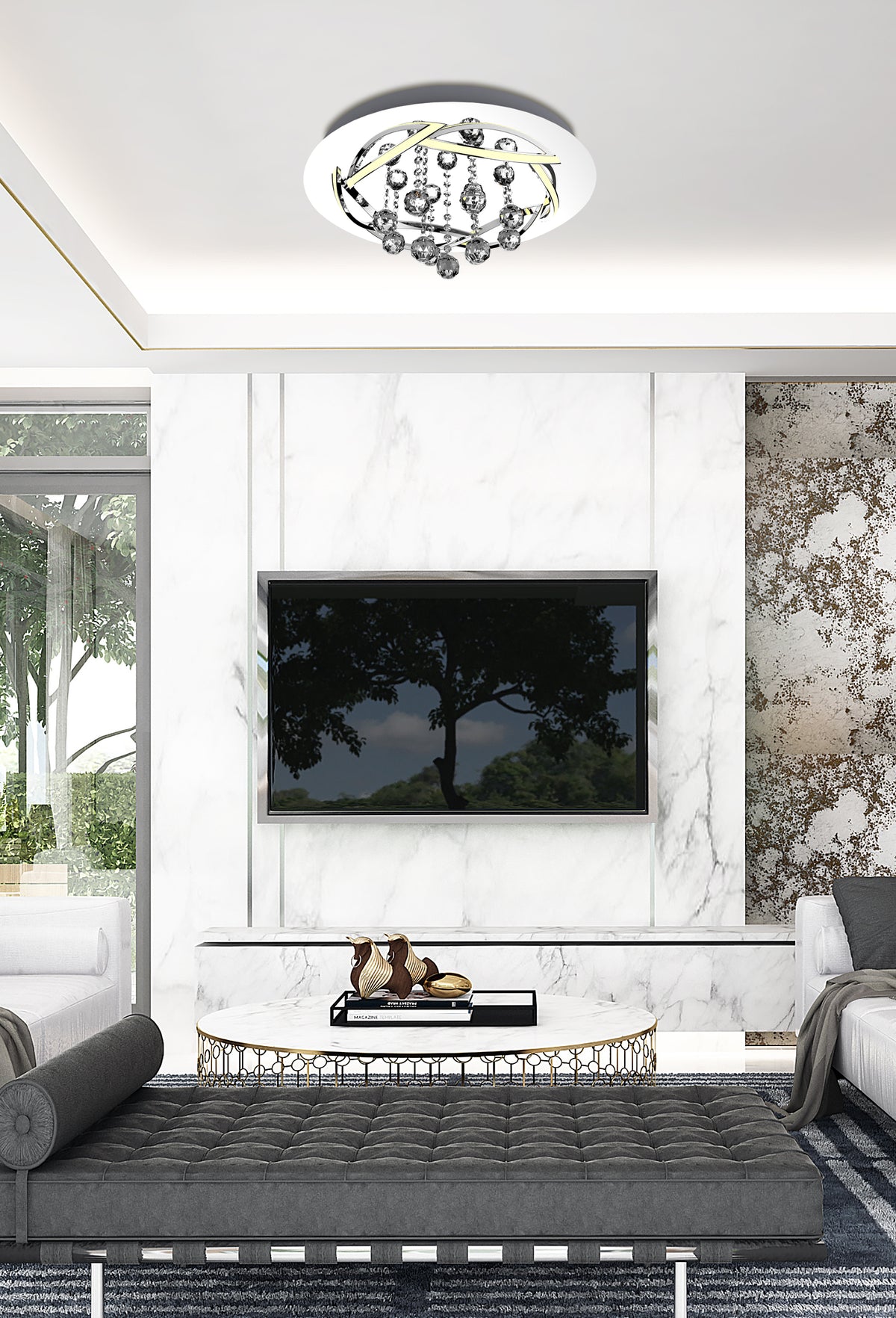 Vue en ambiance du plafonnier fixé au plafond d'un salon contemporain