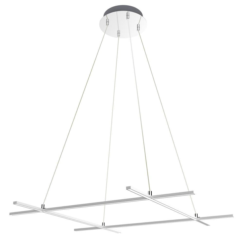 Lustre suspendu vu de face, croisillons de tubes LED argentés sur fond blanc