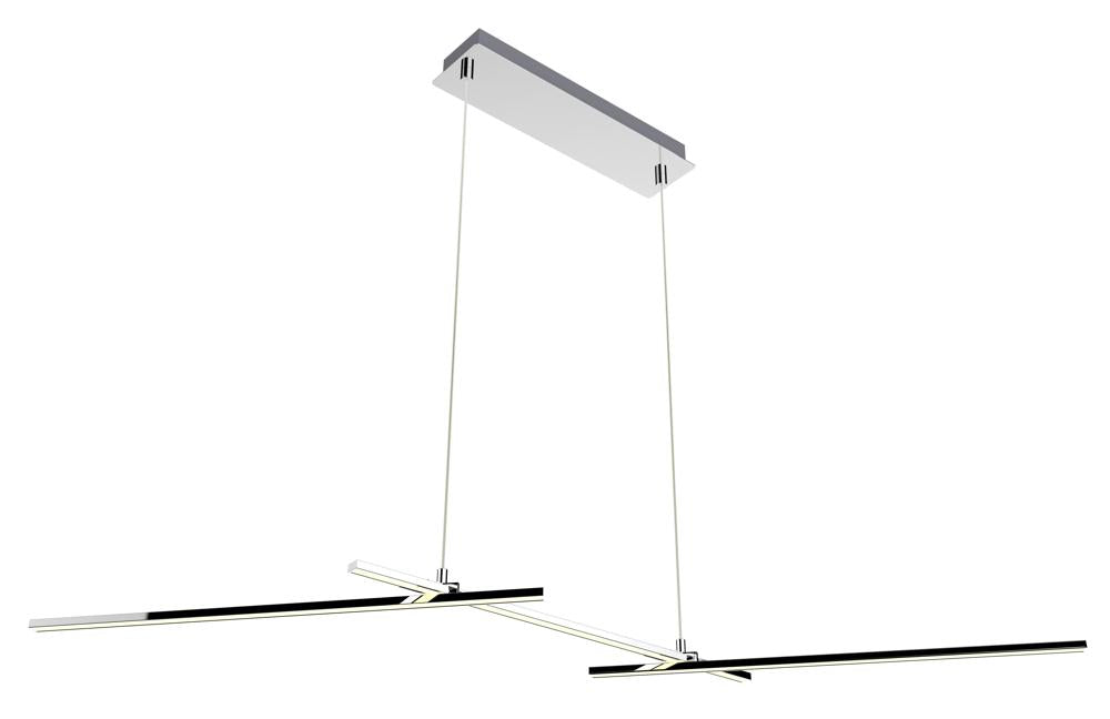 Vue de face du luminaire chromé à deux croisillons linéaires fins suspendus