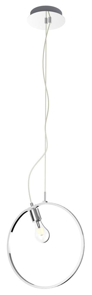 Vue de face du luminaire suspendu complet sur fond blanc, anneau chromé et ampoule.