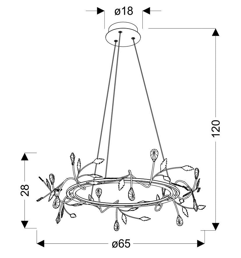 Schéma coté du luminaire : diamètre 65 cm, hauteur 120 cm, rosace 18 cm.