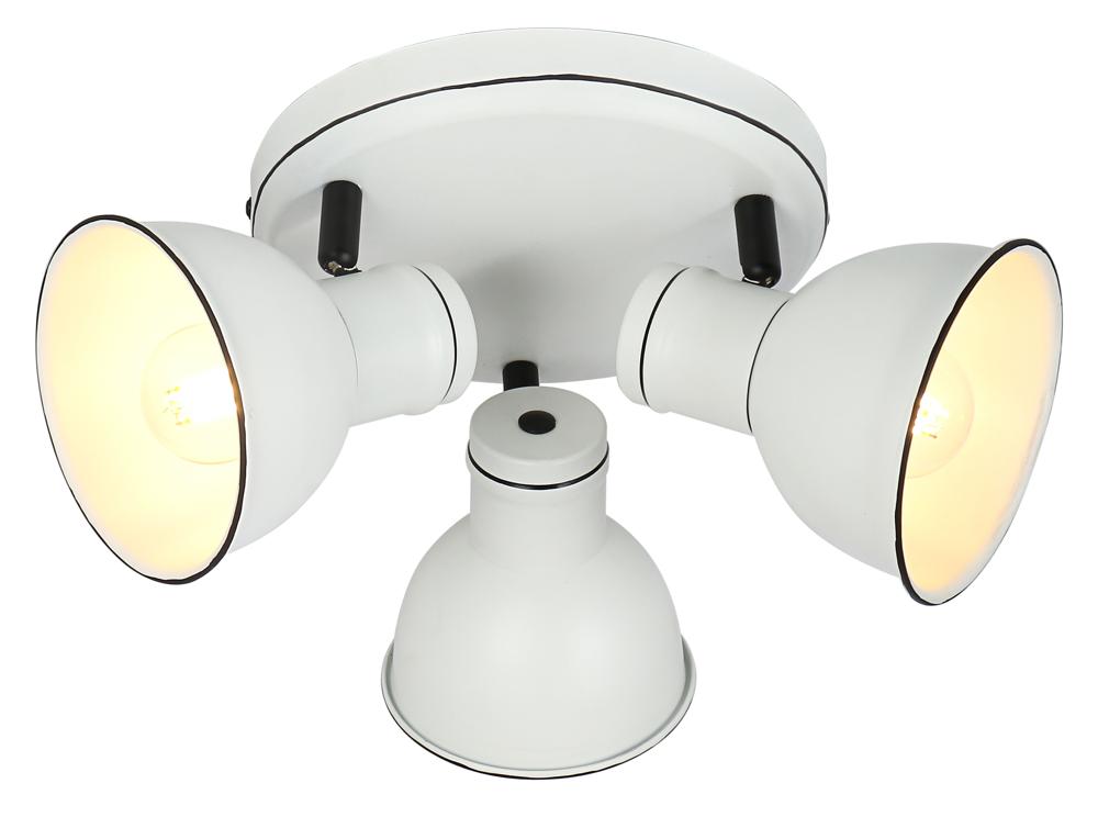 Vue rapprochée du plafonnier blanc à trois spots orientables, liserés noirs.