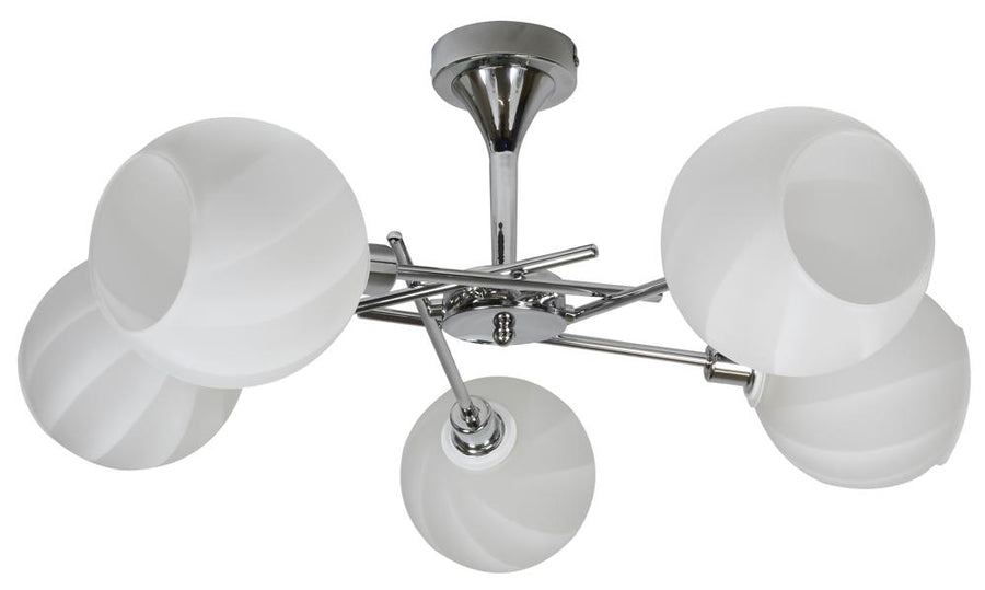 Vue de face du luminaire chromé avec ses cinq diffuseurs en verre blanc