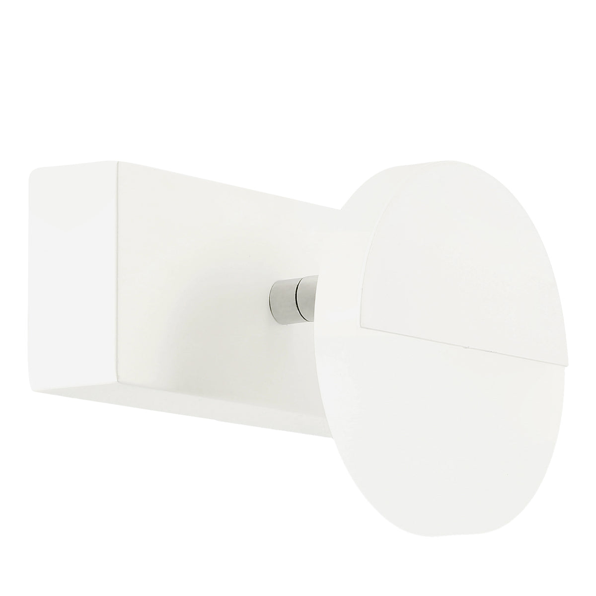Vue de trois-quarts d'une applique murale blanche à socle rectangulaire et diffuseur rond.