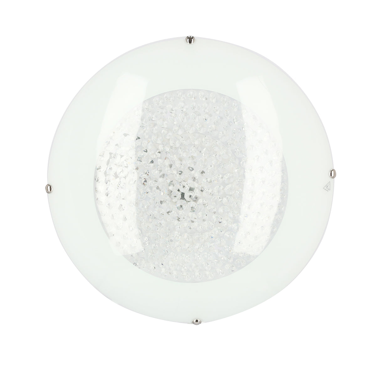 Vue de dessous du luminaire allumé, cercle de verre et cristaux scintillants