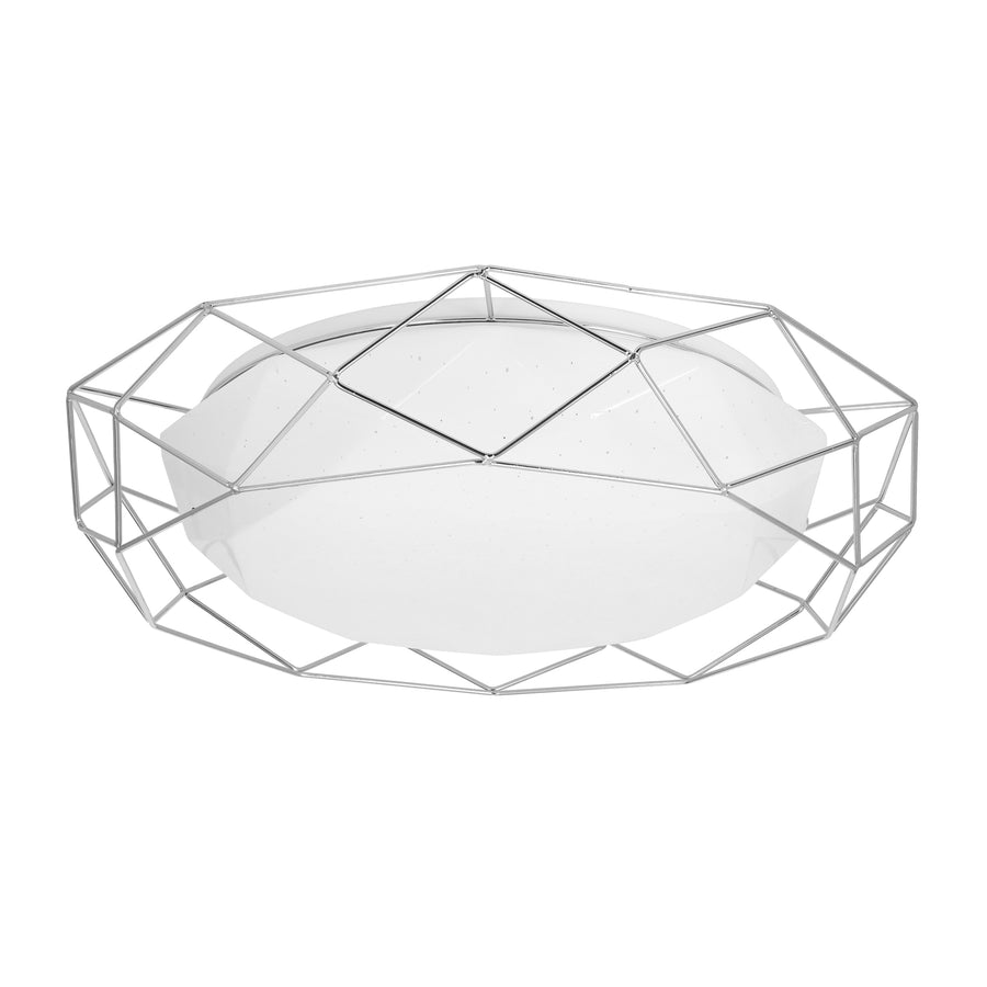 Plafonnier rond à cage géométrique en métal chromé et diffuseur blanc, vue de face sur fond neutre