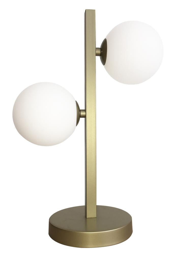 Lampe à poser de face, structure laiton et deux globes de verre opalin