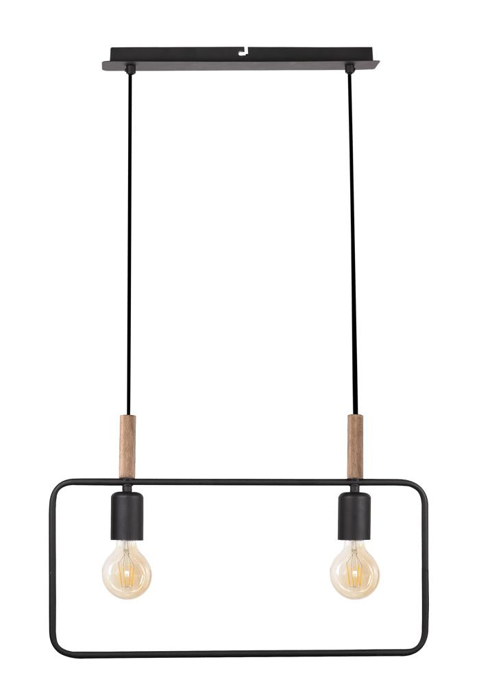 Version noire de la suspension à cadre rectangulaire, deux ampoules et finitions bois, fond blanc.