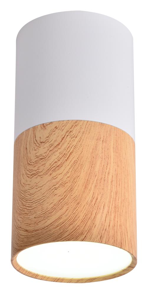 Vue de face d'un luminaire cylindrique blanc et bois, détail de la finition.