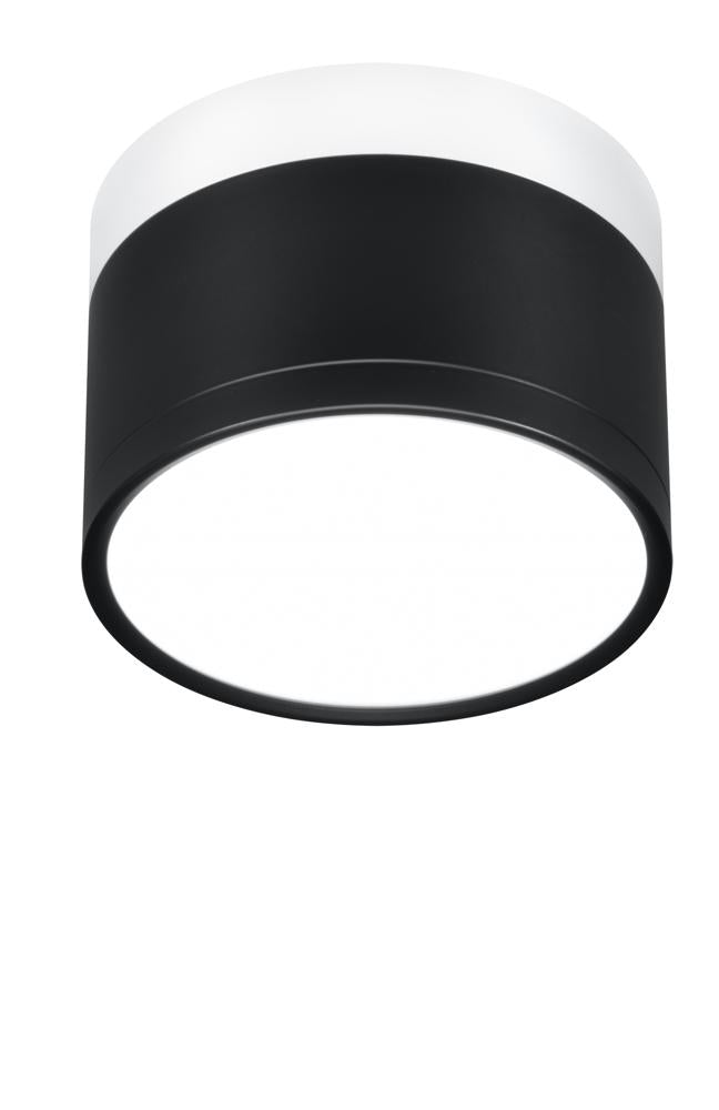Vue rapprochée du spot cylindrique noir sur fond blanc, finition mate et diffuseur blanc