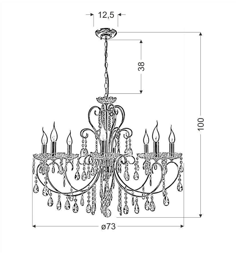 Schéma technique côté de la suspension, hauteur 100 cm, diamètre 73 cm, chaîne 38 cm.
