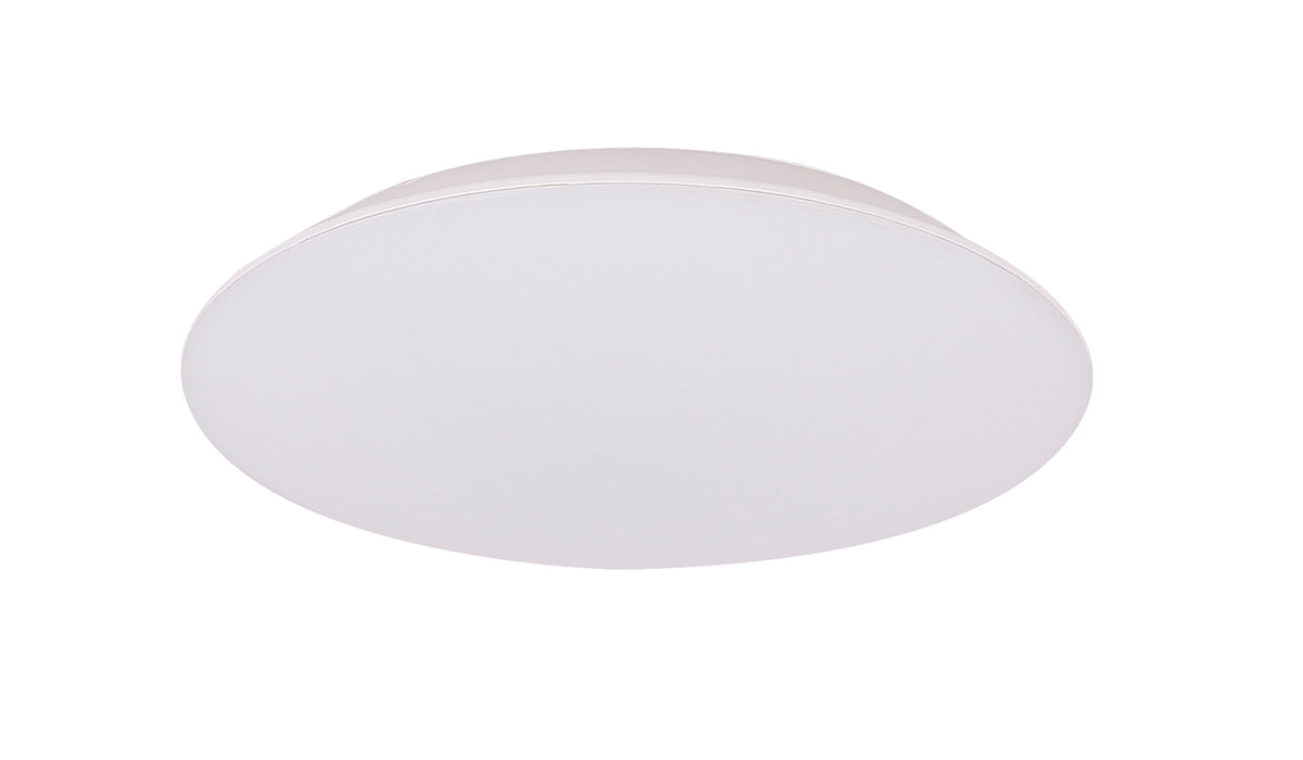 Plafonnier rond blanc vu de face, diffuseur satiné légèrement bombé